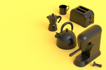 Kettle, toaster, coffee machine horn and geyser coffee maker on monochrome background. 3d render kitchen appliances making breakfast with latte coffeeの写真素材