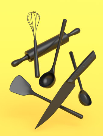 Wooden kitchen utensils, tools and equipment on monochrome background. 3d render of home kitchen tools and accessories for cookingの写真素材