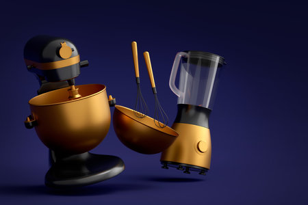 Mixer and metal bowl with kitchen utensil for preparation of dough on blue background. 3d render cooking process step by step and accessories for cooking, blending and mixingの写真素材