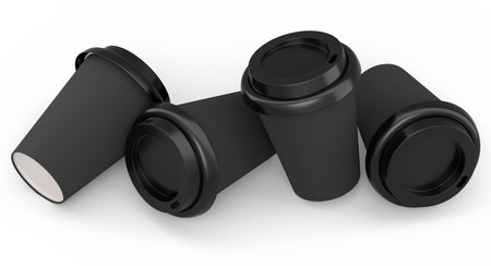 Set of paper coffee cups with cover for cappuccino, americano, espresso, mocha, latte, cocoa on white background. 3d render of concept takeaway food and drink in recycling packagingの写真素材