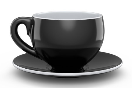Ceramic coffee cup with cap for cappuccino, americano, espresso, mocha, latte, cocoa on white background. 3d render of concept takeaway food and drink in recycling packaging and donutの写真素材
