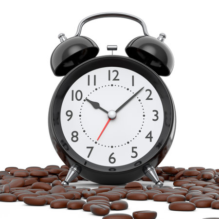 Vintage alarm clock with roasted coffee beans spread out on white background. 3d render concept of wake up time morning and hurry up, sales promotion period for online shoppingの写真素材