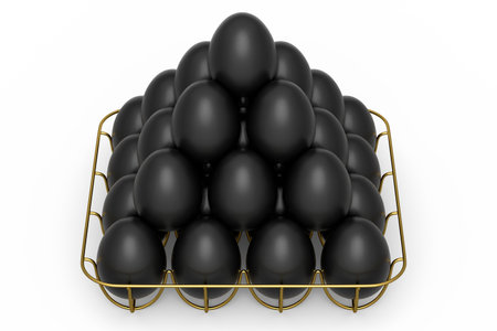 Luxury black eggs standing in pyramid in metal tray or paper cardboard isolated on white background. 3d render of Easter concept or chicken eggs for omelet or scrambled fried egg for morning breakfastの写真素材