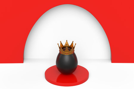 Unique chicken black egg in gold royal king crown on podium and white background. 3d render of Easter concept or Black Friday. Minimal wall scene for mockup product displayの写真素材