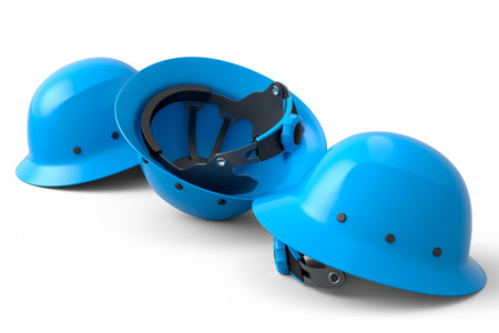 Heap of safety helmets or hard caps on white background. 3d render and illustration of tool for carpentry work or labor headwearの写真素材