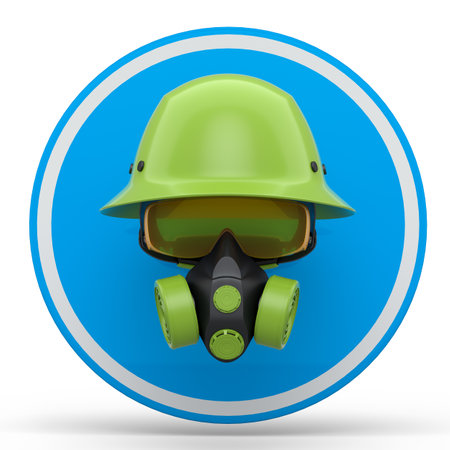 Set of construction wear and tools for repair and installation like engineer helmet. earphones, respirator and road traffic sign on white background. 3d render service of house plumber or repairmanの写真素材
