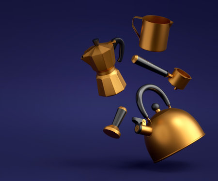Espresso coffee machine, kettle with horn and geyser coffee maker for preparing breakfast on blue background. 3d render of coffee pot for making latte coffeeの写真素材