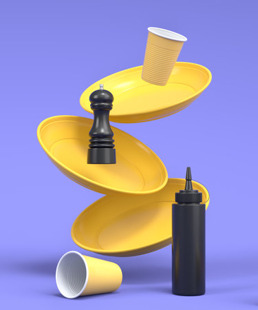 Set of disposable utensils like plate, folk, spoon,knife and cup on monochrome background. 3d render concept of save the earth and zero wasteの写真素材