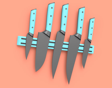 Set of chef's kitchen knives and kitchen utensil hanging on shelf on pink background. 3d render cooking process step by step and accessories for cooking, blending and mixingの写真素材