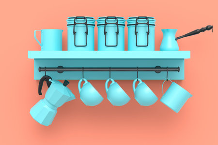 Set of ceramic coffee cup, steel milk frothing pitcher and geyser coffee maker for preparing breakfast on orange background. 3d render of coffee pot for making latte coffeeの写真素材