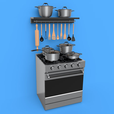 Set of kitchen utensil, stewpot, frying pan and chrome cookware hanging on shelf and electric or gas stove cooker with burning flames on blue background. 3d render of preparing and boiling food