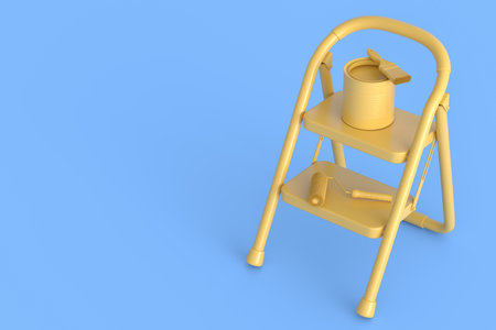 Set of metal cans or buckets with paint roller, brush and folding ladder for painting walls on monochrome background. 3d render of renovation apartment concept and interior designの写真素材