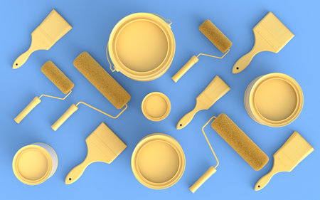 Set of metal cans or buckets with paint rollers and brushes for painting walls on monochrome background. 3d render of renovation apartment concept and interior designの写真素材