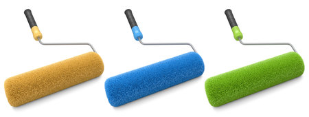 Set of paint roller for painting walls and renovating apartment on white background. 3d render concept of DIY repair in room and renovation bannerの写真素材