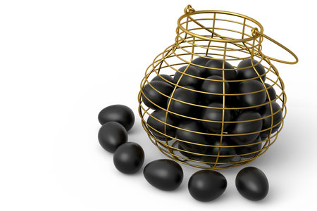 Luxury black eggs in metal basket or paper cardboard isolated on white background. 3d render of Easter concept or chicken eggs for omelet or scrambled fried egg for morning breakfastの写真素材