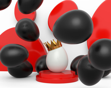 Unique white egg in royal gold crown on podium and scattered black eggs on white background. 3d render of Easter concept or Black Friday, luxury, wealth and imperial powerの写真素材
