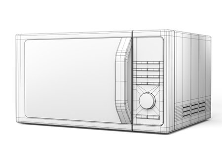 Microwave for heating food on kitchen isolated on white background. 3d render concept of layers of visible and invisible lines are separated, wireframe styleの写真素材
