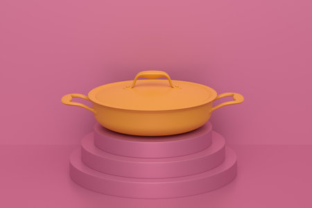 Abstract scene or podium for product showcase with stewpot on monochrome background. 3d render of scene for product presentation or showing cosmetic product on stage, pedestal or platformの写真素材