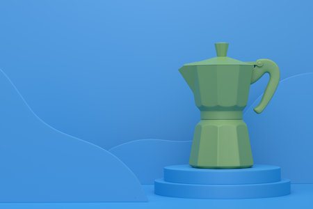 Abstract scene or podium with Italian geyser coffee maker on monochrome background. 3d render of scene for product presentation or showing cosmetic product on stage, pedestal or platformの写真素材