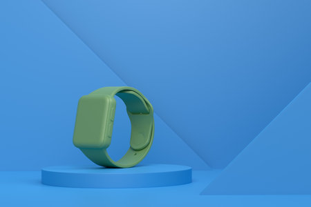Abstract scene or podium with smart watch or fitness tracker on monochrome background. 3d render of scene for product presentation or showing cosmetic product on stage, pedestal or platformの写真素材