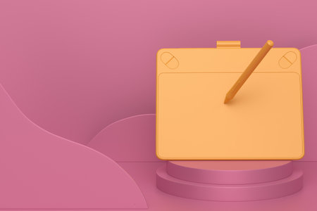 Abstract scene or podium with graphic tablet and pen for illustrators on monochrome background. 3d render of scene for product presentation or showing cosmetic product on stage, pedestal or platformの写真素材