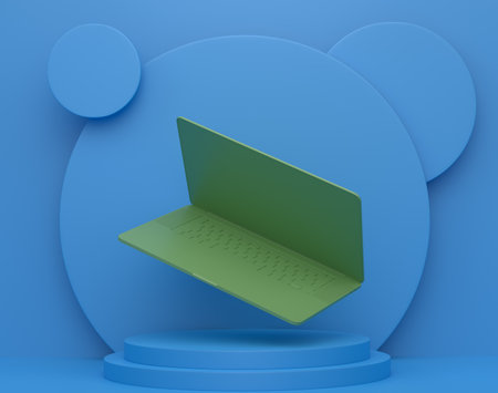 Abstract scene or podium with laptop with empty white screen on monochrome background. 3d render of scene for product presentation or showing cosmetic product on stage, pedestal or platformの写真素材