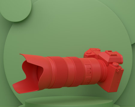 Abstract scene or podium with nonexistent DSLR camera and lens on monochrome background. 3d render of scene for product presentation or showing cosmetic product on stage, pedestal or platformの写真素材