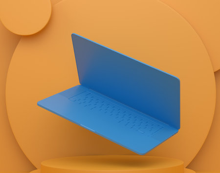 Abstract scene or podium with laptop with empty white screen on monochrome background. 3d render of scene for product presentation personal accessories product on stage, pedestal or platformの写真素材