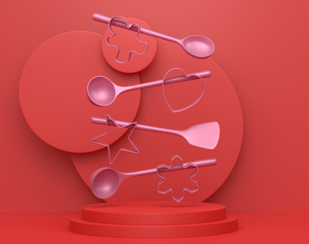 Abstract scene or podium with kitchen utensil on monochrome background. 3d render of scene for product presentation or showing product on stage, pedestal or platformの写真素材