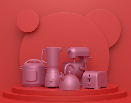 Abstract scene or podium with kitchen appliances and utensils on monochrome background. 3d render of scene for product presentation or showing product on stage, pedestal or platformの写真素材