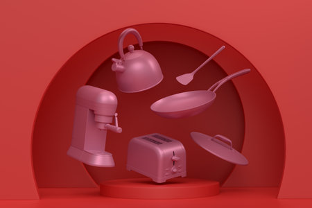 Abstract scene or podium with kitchen appliances and utensils on monochrome background. 3d render of scene for product presentation or showing product on stage, pedestal or platformの写真素材