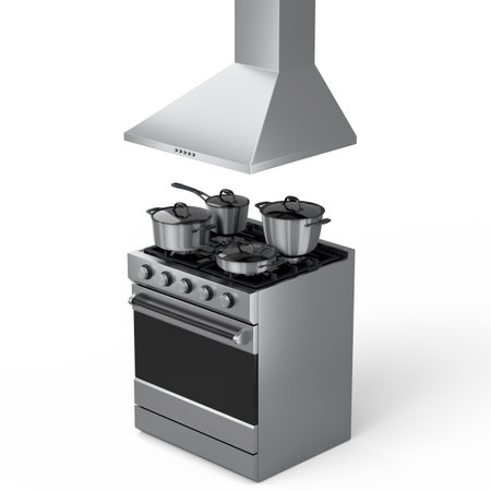 Set of kitchen utensil, stewpot, frying pan and chrome cookware hanging on shelf and electric or gas stove cooker with range hood on white background. 3d render of preparing and boiling foodの写真素材