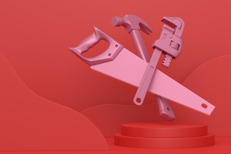 Abstract scene or podium with carpenters tools on monochrome background. 3d render of scene for product presentation carpenter tool for repair and building on stage, pedestal or platformの写真素材