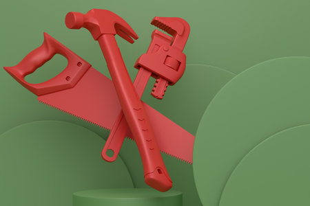 Abstract scene or podium with carpenters tools on monochrome background. 3d render of scene for product presentation carpenter tool for repair and building on stage, pedestal or platformの写真素材