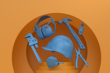 Abstract scene or podium with carpenters tools on monochrome background. 3d render of scene for product presentation carpenter tool for repair and building on stage, pedestal or platformの写真素材