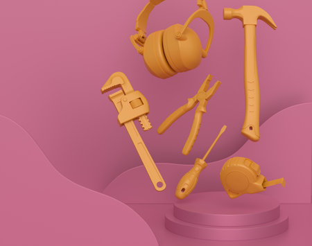 Abstract scene or podium with carpenters tools on monochrome background. 3d render of scene for product presentation carpenter tool for repair and building on stage, pedestal or platformの写真素材