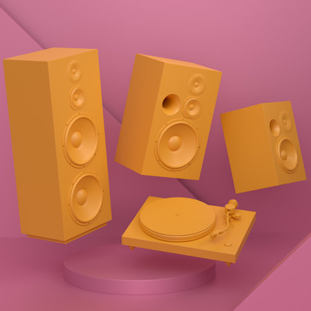 Abstract scene or podium with Hi-fi speakers and DJ turntable with vinyl LP record on monochrome background. 3d render of scene for product presentation of vinyl record player on stage or pedestalの写真素材