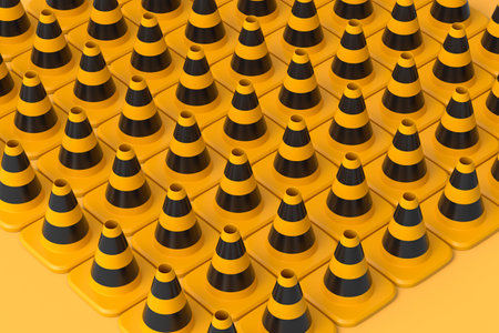 Group of traffic cones for under construction road work with hard hat or safety helmet on white background. 3d render concept of maintenance or attention warning coneの写真素材