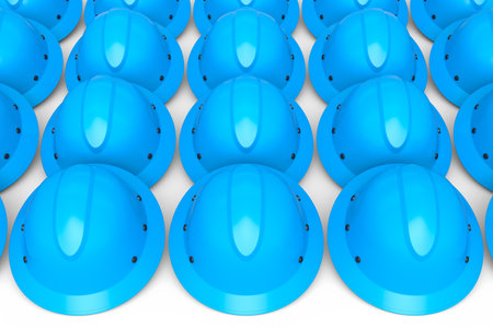 Set of safety helmets or hard caps for carpentry work in row on white background. 3d render and illustration of tool for carpentry work or labor headwearの写真素材
