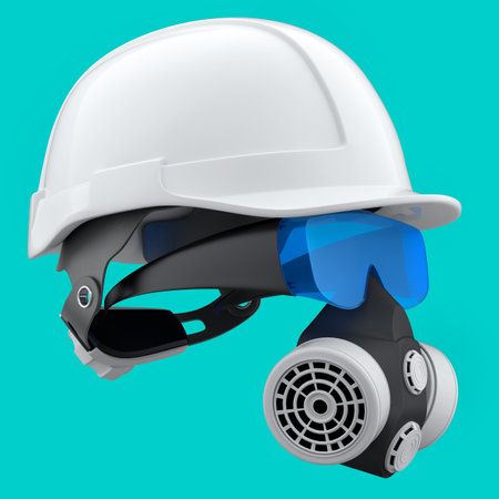 Set of construction wear and tools for repair and installation like helmet. protective glasses and respirator on green background. 3d rendering and illustration of service banner for house plumberの写真素材