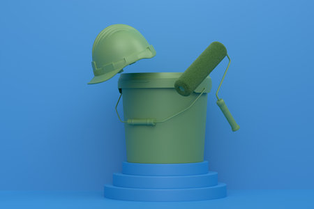 Abstract scene or podium with safety helmet, bucket with paint rollers on monochrome background. 3d render of scene for product presentation carpenter tool for repair on stage, pedestal or platformの写真素材