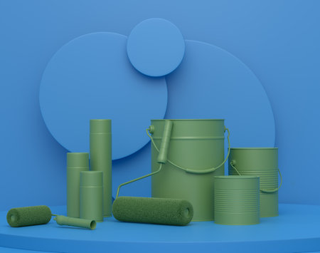 Abstract scene with safety helmet, bucket with paint rollers on monochromeの写真素材