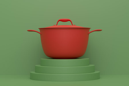 Abstract scene or podium for product showcase with stewpot on monochrome background. 3d render of scene for product presentation or showing kitchen appliances product on stage, pedestal or platformの写真素材