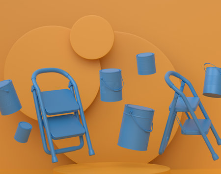 Abstract scene or podium with folding ladder, bucket and paint rollers on monochrome background. 3d render of scene for product presentation carpenter tool for repair on stage, pedestal or platformの写真素材
