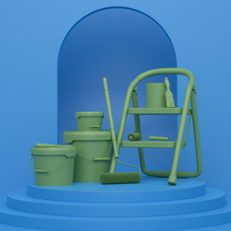 Abstract scene or podium with folding ladder, bucket and paint rollers on monochrome background. 3d render of scene for product presentation carpenter tool for repair on stage, pedestal or platformの写真素材