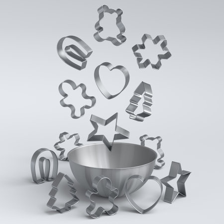 Metal bowl with bowl kitchen appliance for mixing and blending and cookie cutters on white background. 3d render of home kitchen tools and accessories for cooking, blending and mixingの写真素材