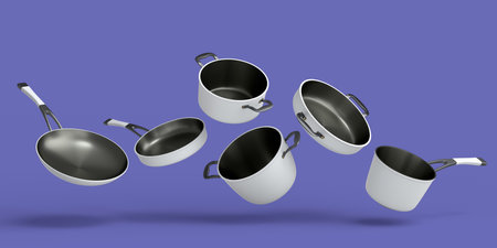 Set of flying stainless steel stewpot, frying pan and chrome plated aluminum cookware on violet background. 3d render of non-stick kitchen utensilsの写真素材