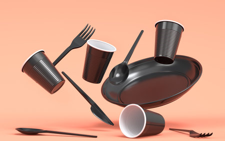 Set of disposable utensils like plate, folk, spoon,knife and cup on monochrome background. 3d render...