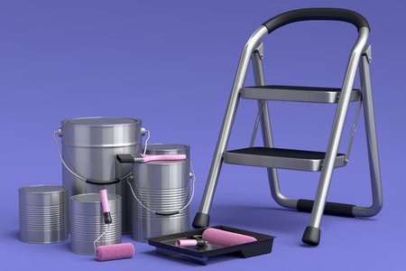 Set of metal cans or buckets with paint roller, brush and folding ladder for painting walls on violet background. 3d render of renovation apartment concept and interior designの写真素材