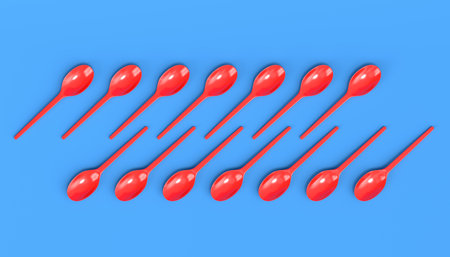 Set of disposable utensils like spoon on blue background. 3d render concept of save the earth and zero wasteの写真素材